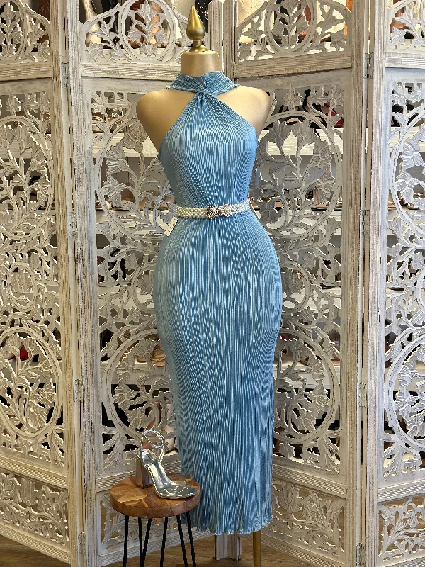 More Discounts, More Joy!Light Blue Scrunched Twisted Front Dress- Stretchy