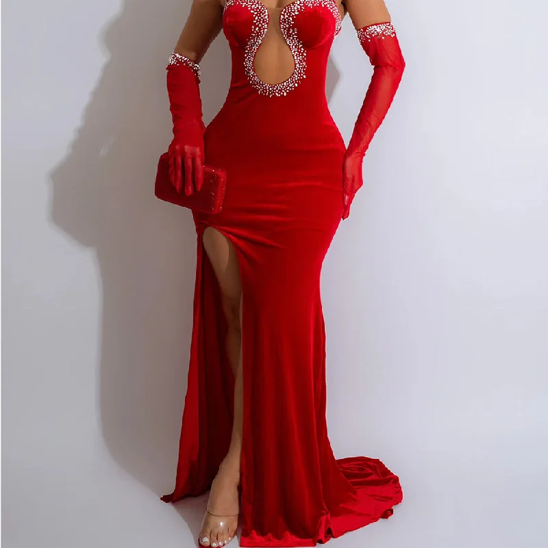 Buy One, Get One Free!MALYBGG Solid Color Strapless Rhinestone-Embellished Maxi Dress 6786LY