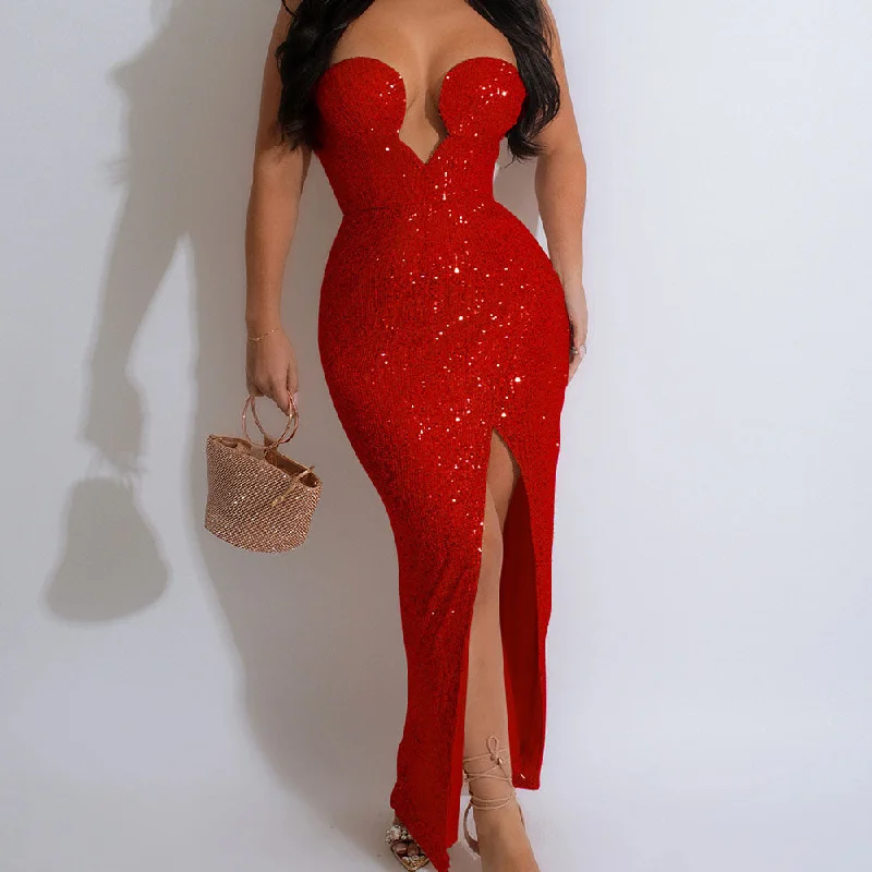 Lowest Prices Guaranteed!MALYBGG Sequin-Adorned Long Dress with Open Back 6782LY