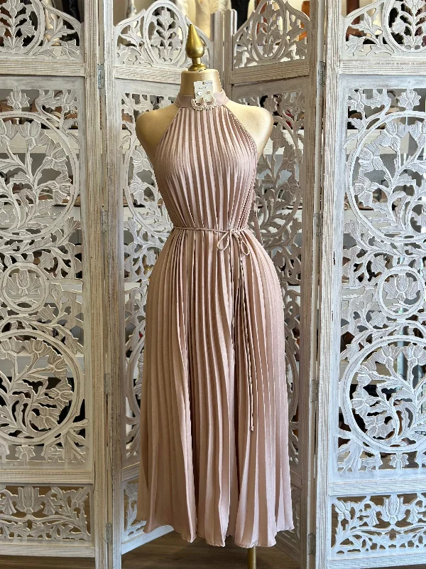 Get the Best for Less!Mock Neck Pleated Beige Dress- Stretchy