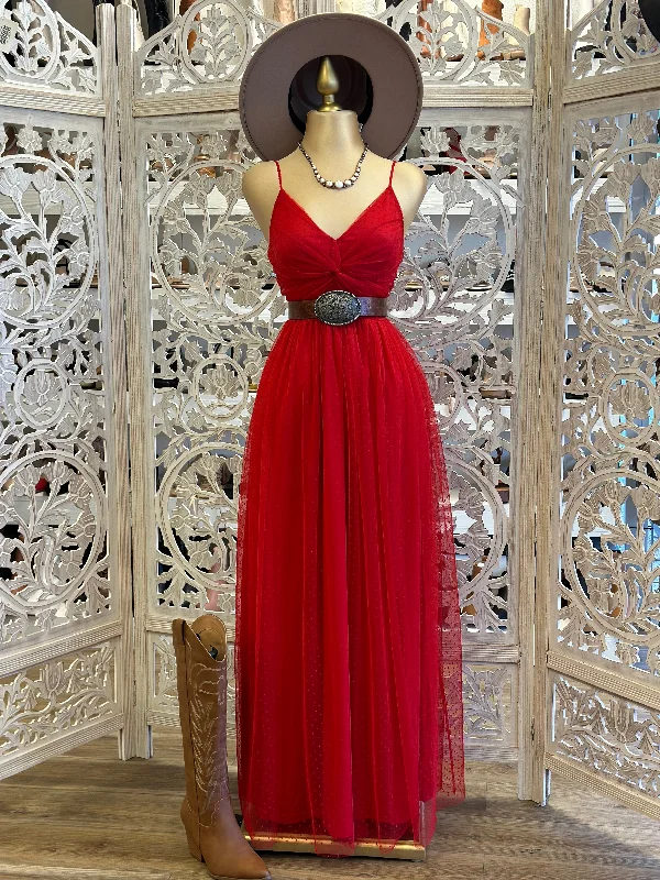 Save Like Never Before!Red Knotted Tulle Maxi Dress- Not Stretchy