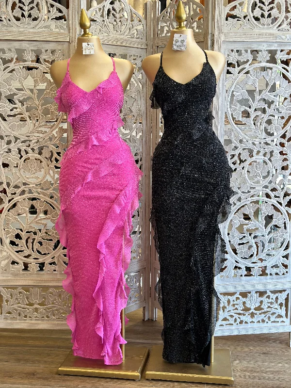 Unbeatable Prices!Ruffle Glitter Maxi Dress- Stretchy