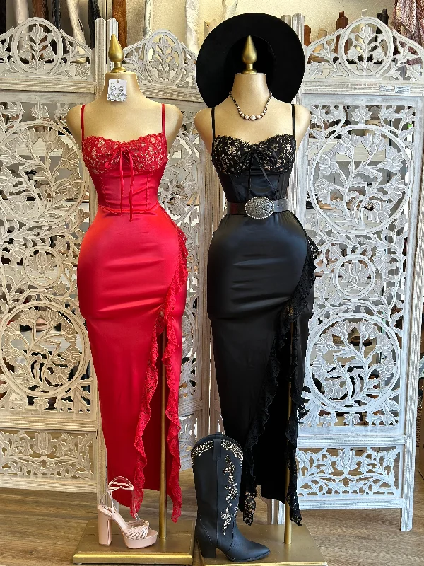 Best Price of the Season!Satin Lace Maxi Dress- Slightly Stretchy