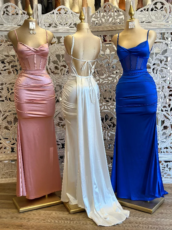 Shop More, Spend Less!Satin Mesh Corset Tailed Formal Dress- Stretchy
