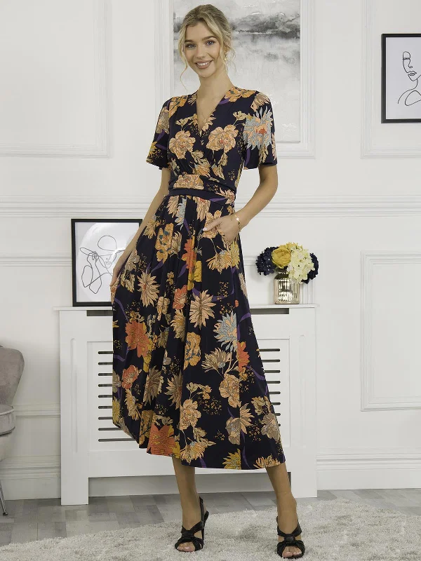 Steals and Deals Await!Sherya Jersey Angel Sleeve Maxi Dress, Navy Orange Floral