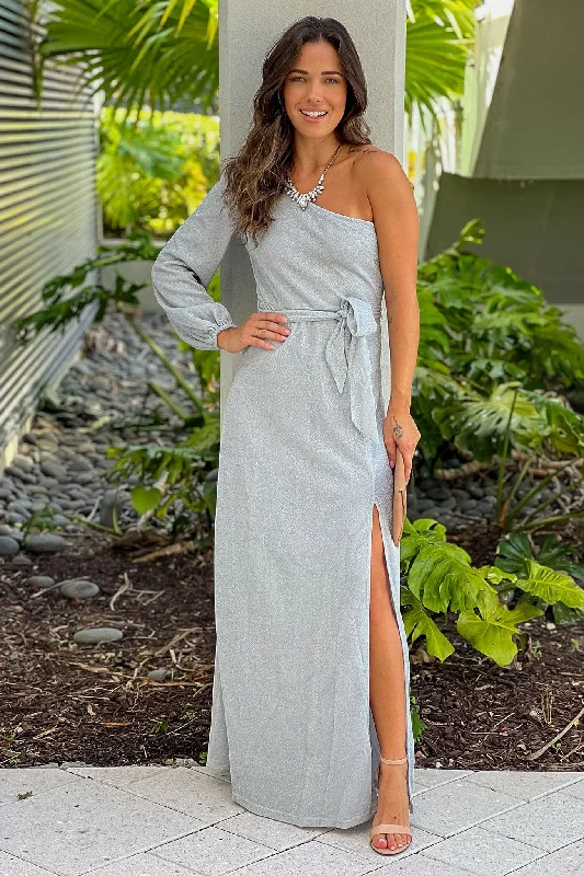 Biggest Sale of the Season!Silver One Shoulder Lurex Maxi Dress With Slit