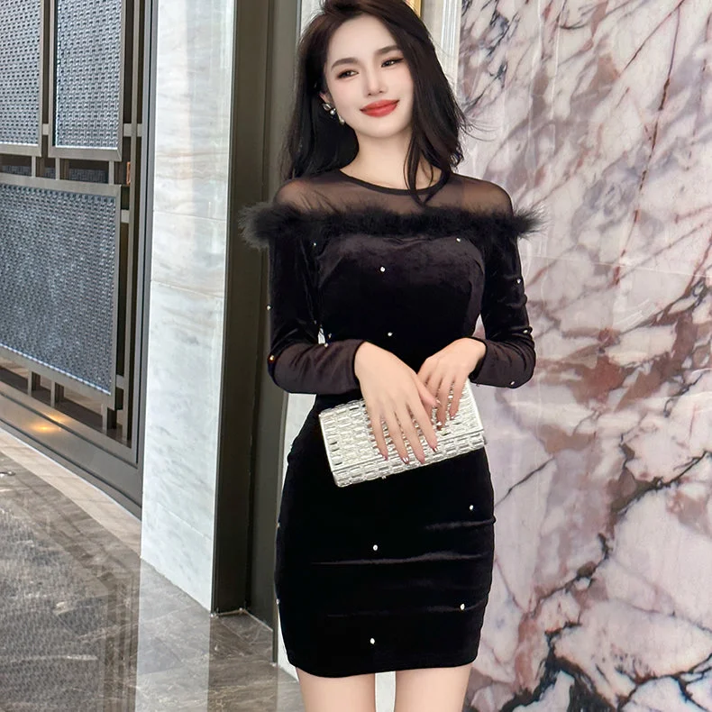 Today Only – Don’t Miss It!ZYHT 40006 New Autumn Black Velvet Dress For Women Elegant Diamond Patchwork Prom Evening Mini Dresses