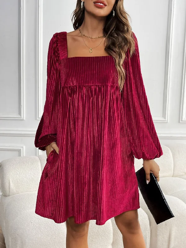 Limited Edition, Limited Price!Perfee Tied Pocketed Square Neck Long Sleeve Dress