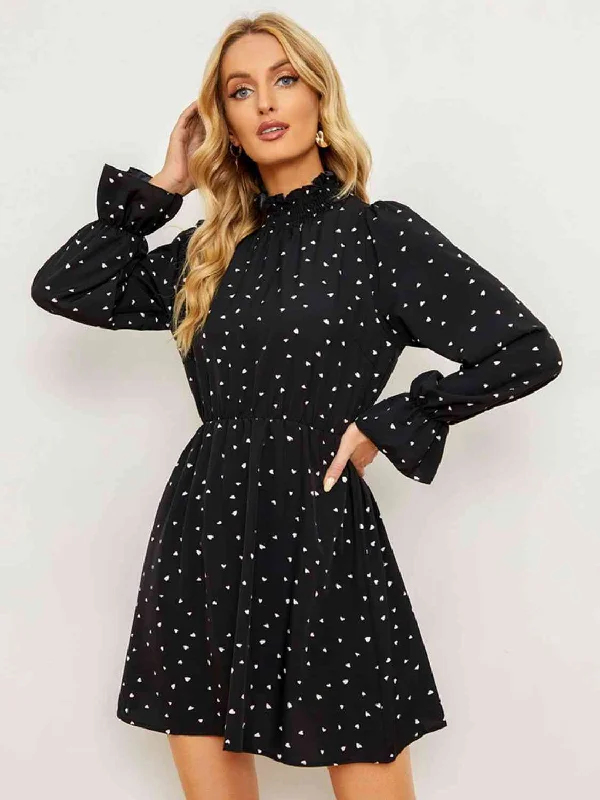 Time to Save Big!Printed  Long Flounce Sleeve Frill Neck Dress
