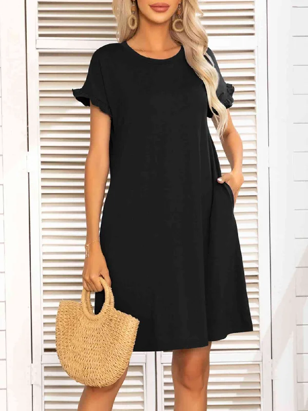 Save Money, Shop Happy!Round Neck Flounce Sleeve Dress with Pockets