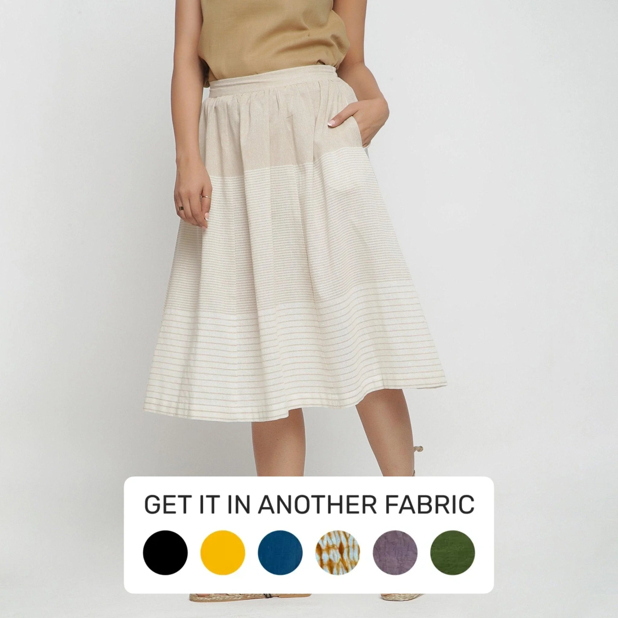 The Sale You’ve Been Waiting For!Beige Striped Cotton Elasticated Midi Paneled Skirt