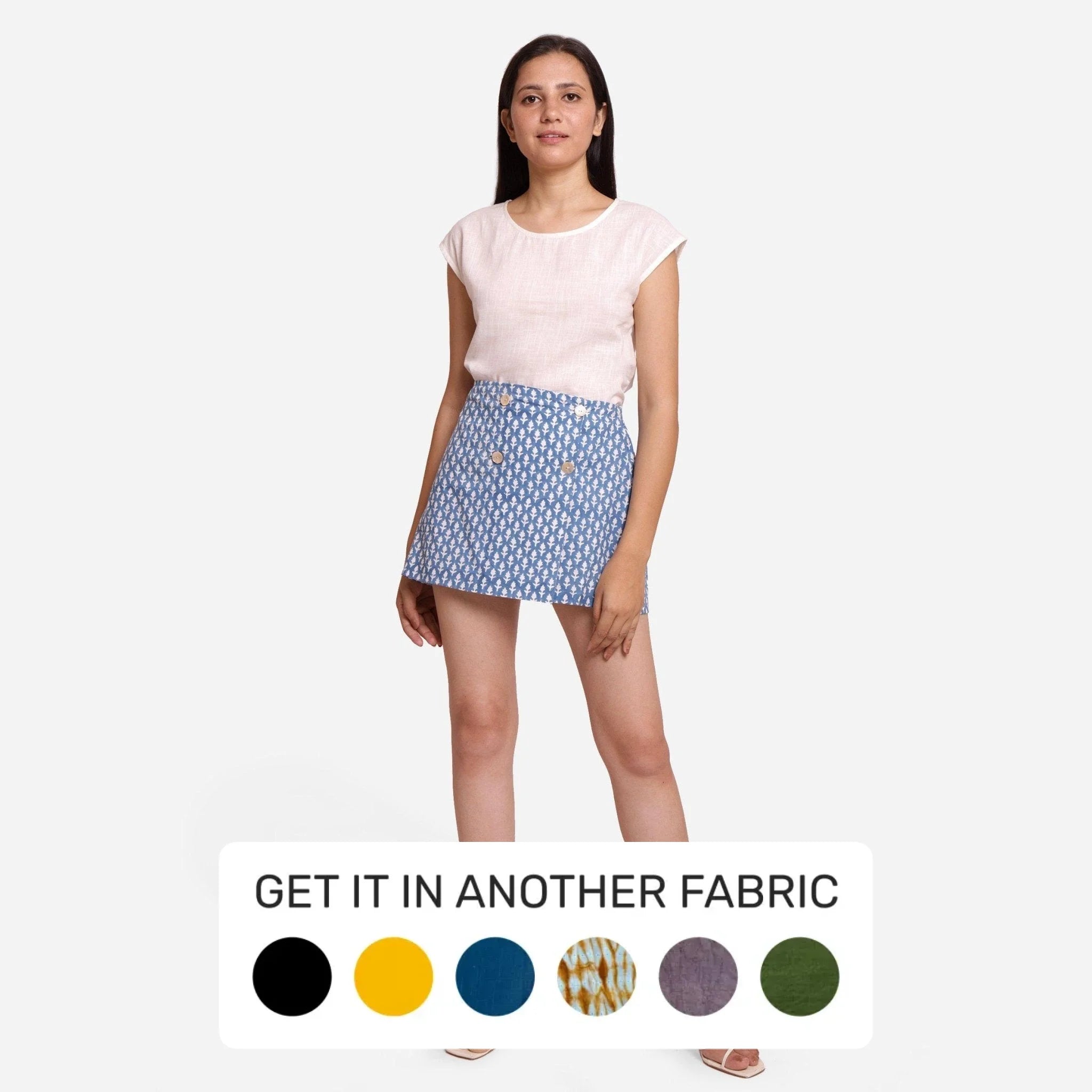 Hurry, Sale Ends Soon!Blue Block Printed Cotton Wrap Mini Skirt