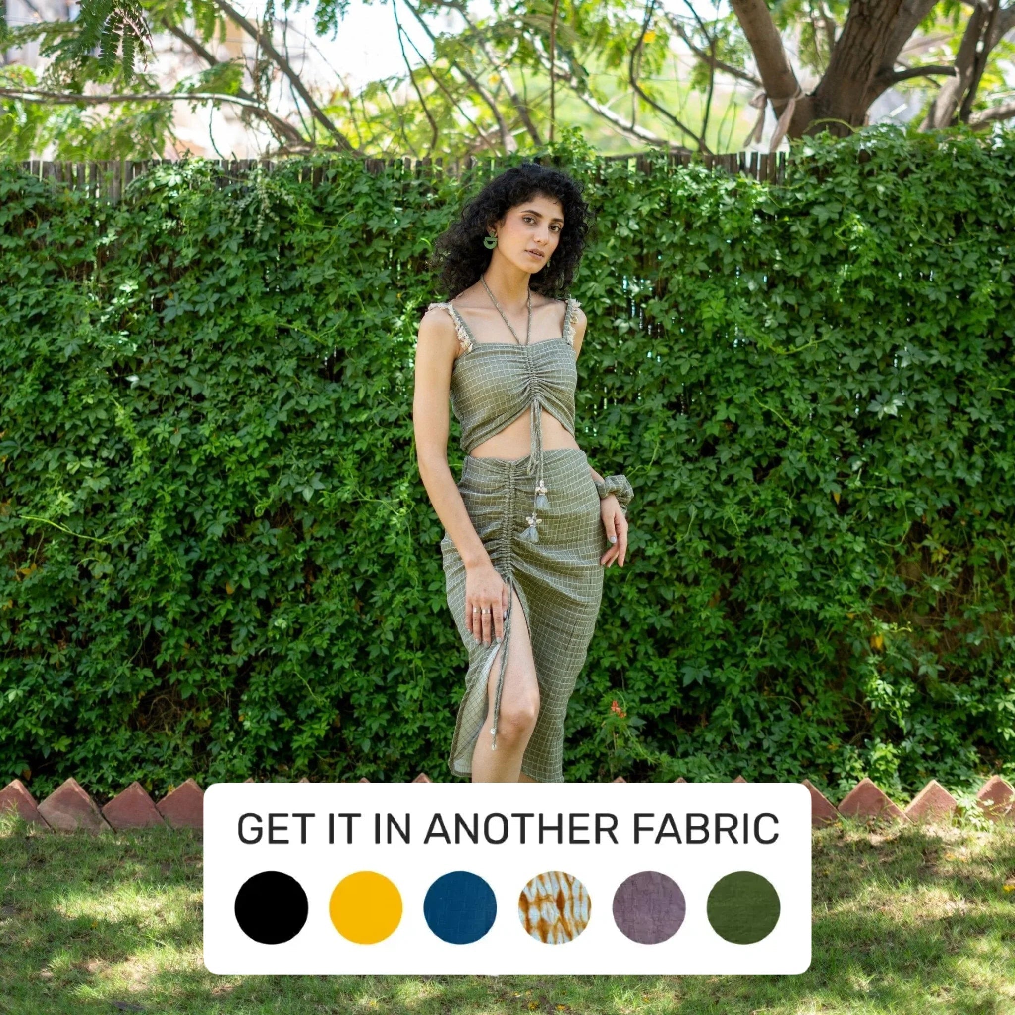 Your Favorite Items on Sale Now!Ecru and Sap Green Checks Crinkled Cotton Boho Ruched Adjustable Slit Midi Skirt