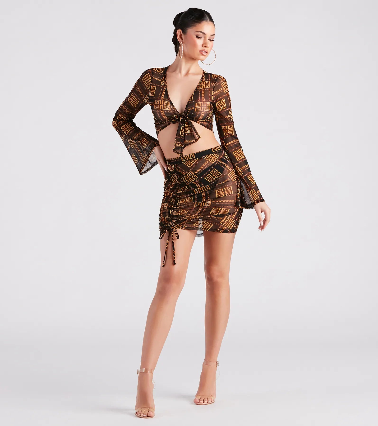 Limited Time Offer!Greek Key On Fleek Mesh Ruche Mini Skirt