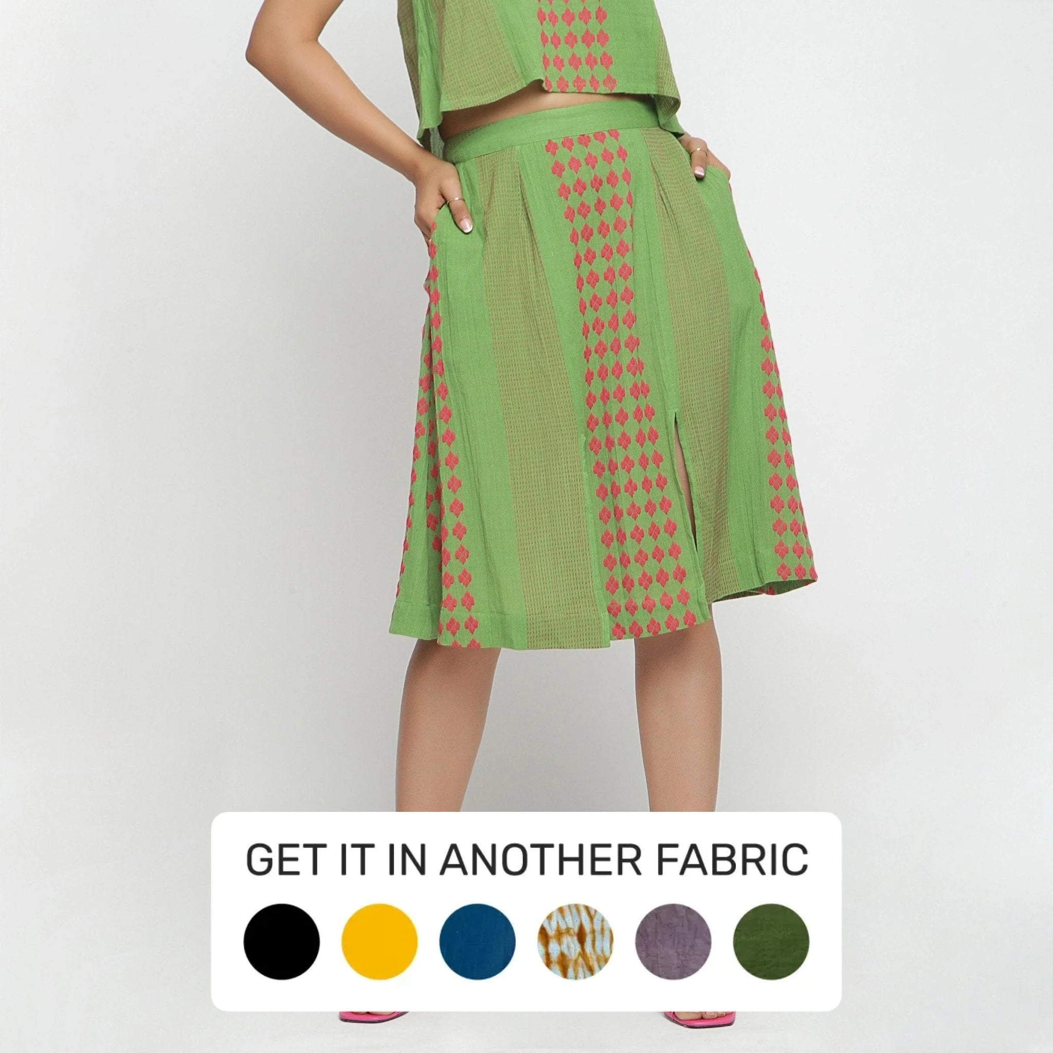 Get Ready to Save!Green Crinkled Cotton Geometric Knee Length Skirt