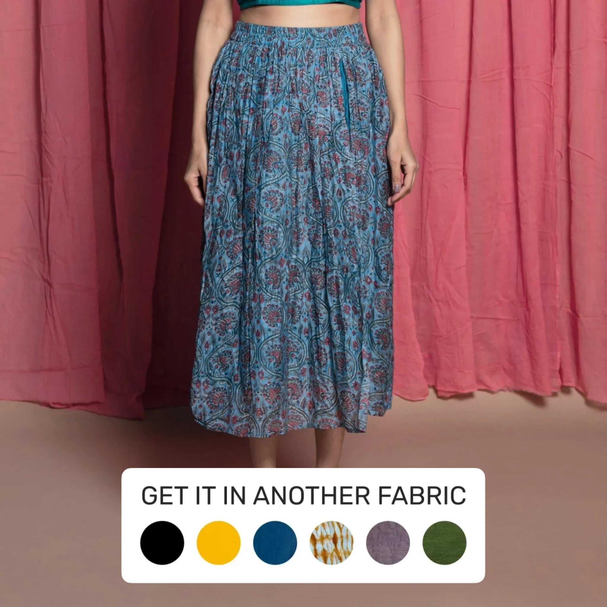Save More When You Shop More!Teal Chanderi Cotton Block Printed Midi Skirt