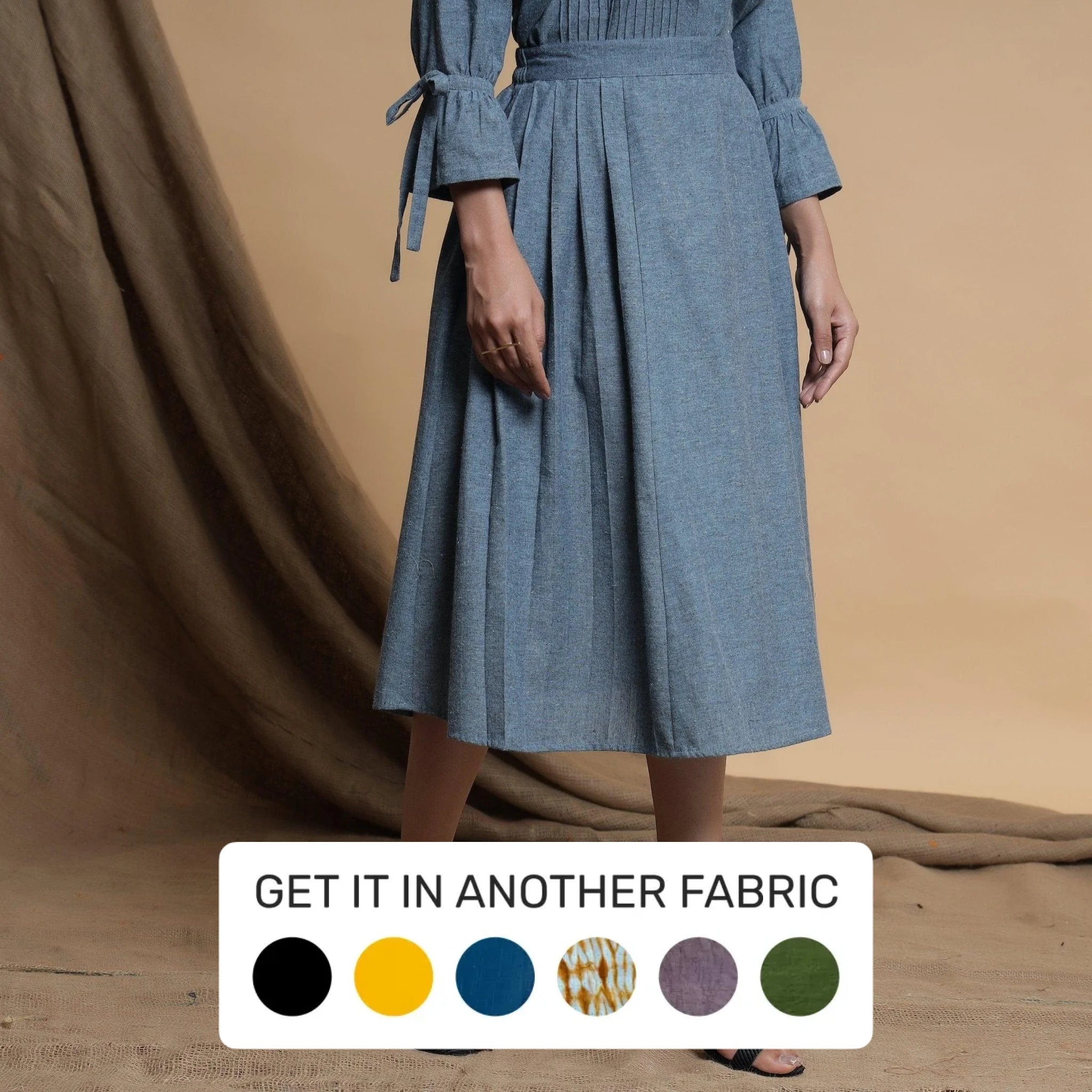 The Best Sale of the Year!Turkish Blue Yarn Dyed Cotton Elasticated Pleated Midi Skirt