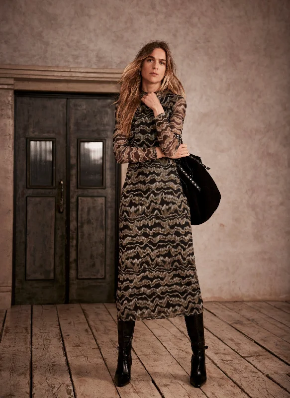 Massive Price Cuts!Khaki Abstract Print Mesh Midi Dress