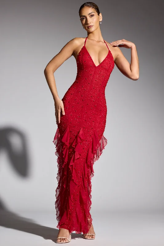 Shop More, Spend Less!Embellished Halter Neck Ruffle Maxi Dress in Red
