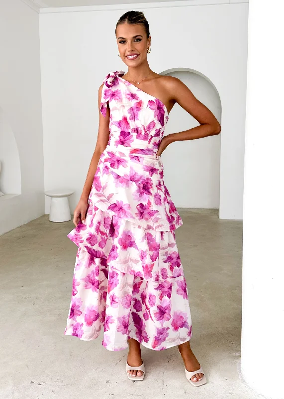 Steals and Deals Await!Anrielle One Shoulder Maxi Dress - Pink Flowers