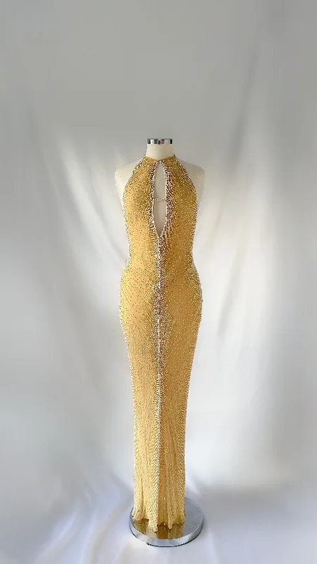 New Discounts Just Dropped!Beautiful 90s Light Matte Gold & White Embellished Beaded Dress
