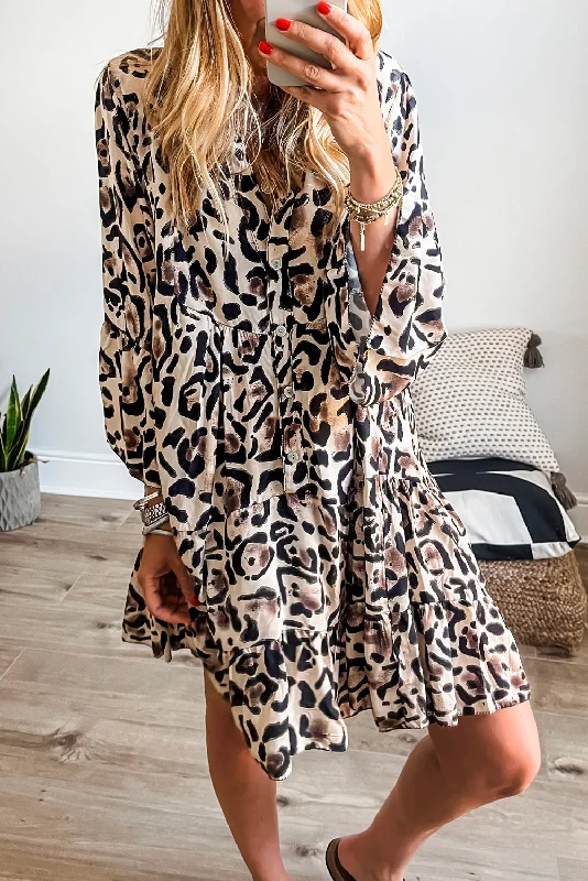 Save Like Never Before!Leopard 3/4 Sleeve Ruffle Hem Dress