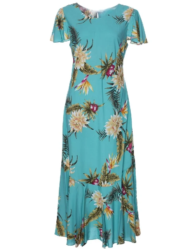 Upgrade for Less!Ceres Green Maxi Hawaiian Dress Cap Sleeves