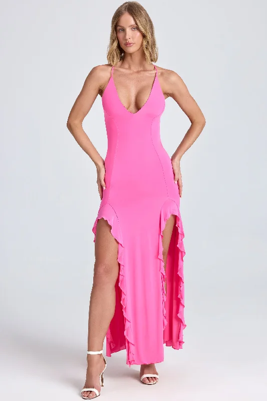 Hurry, Sale Ends Soon!Ruched Ruffle-Trim Maxi Dress in Lollipop Pink