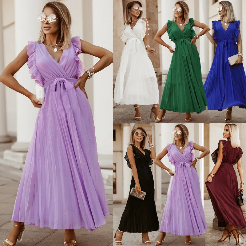 Shop More, Spend Less!Elegant Beach Dress Fashionable Slim-fit Sexy Solid Color Ruffle Sleeve Chiffon Pleated Skirt