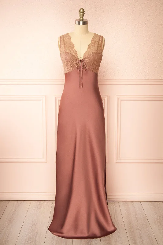 Snag the Best Prices Now!Evara Mauve | Maxi Satin Slip Dress w/ Lace