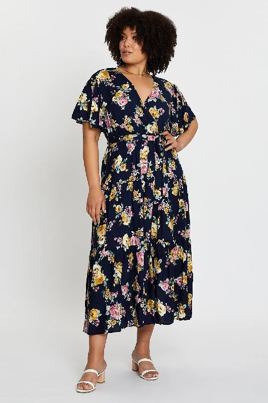 Shop Smart, Save Big!Floral Print Short Sleeve Tieredmaxi Dress