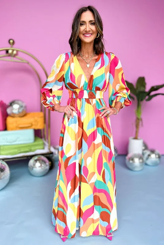 Your Chance to Save is Now!Fuchsia Abstract Printed Smocked Long Sleeve Maxi Dress