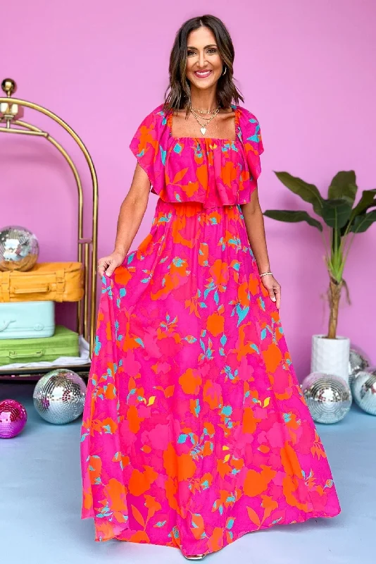 Mega Sale Happening Now!Fuchsia Floral Printed Off The Shoulder Ruffled Maxi Dress