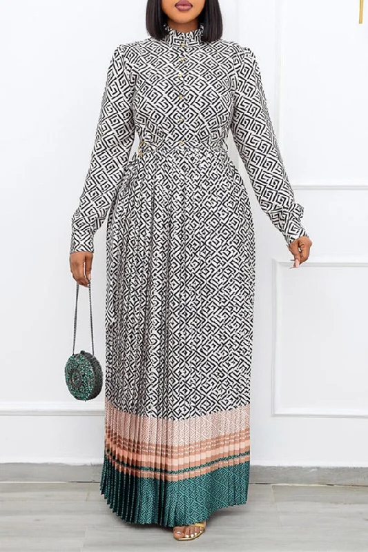 Exclusive Savings This Week!Geometric Print Color Block Retro Belted Pleated Maxi Dress