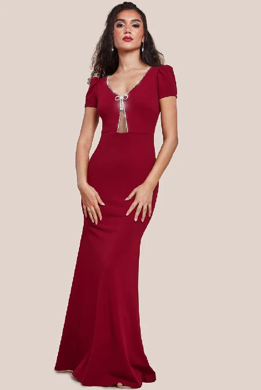 Stock Up and Save!Goddiva Diamante Embellished Bow Scuba Crepe Maxi Dress - Wine