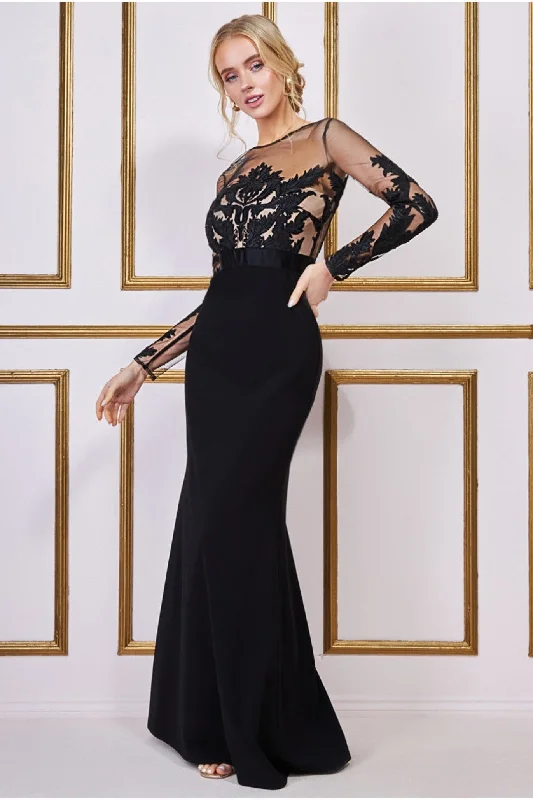 Huge Price Cuts Await!Goddiva Embroidered Mesh & Scuba Maxi - Black