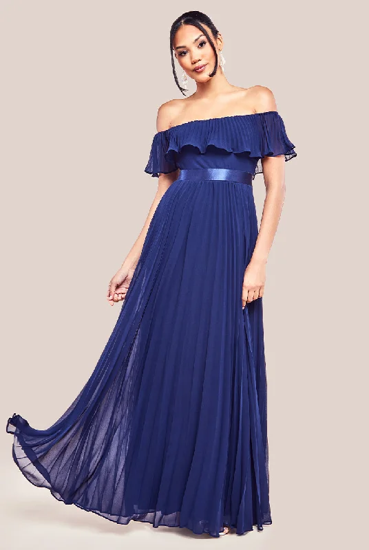 Shop Before It’s Gone!Goddiva Pleated Chiffon Off Shoulder Maxi Dress - Navy