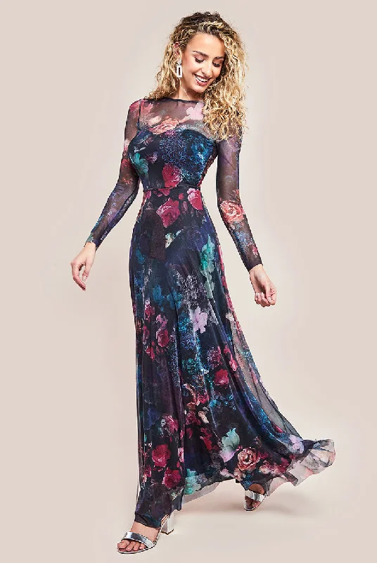 Score Big Savings Today!Goddiva Printed Soft Mesh A-Line Maxi Dress - Black