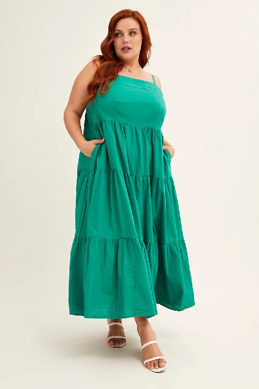 Best Price of the Season!Green Sleeveless Cotton Maxi Dress With Pockets