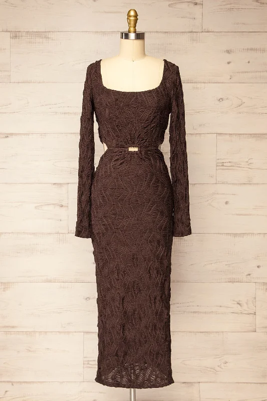 Your Shopping Spree Starts Here!Hawkesbury | Brown Long Sleeve Fitted Midi Dress w/ Cut-Outs