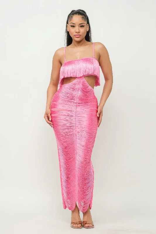 Limited Stock Available!Hot Girl Luxe Fringe  Bubblegum Pink Maxi Dress