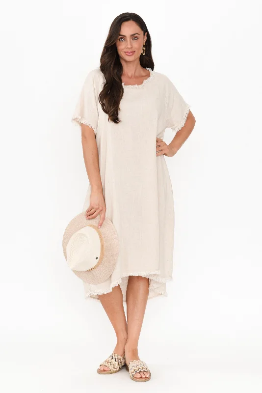 Get More, Spend Less – Shop Now!Humphrey Beige Cotton Linen Frayed Dress