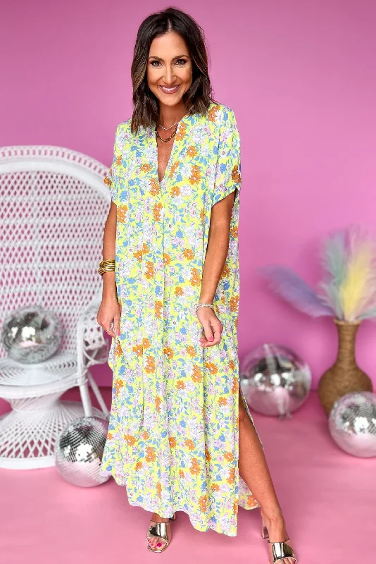 Your Dream Deal is Here!Karlie Lime Floral V Neck Kaftan Slit Dress