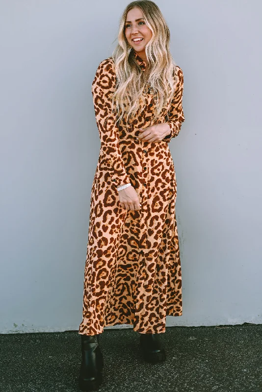 Your Exclusive Offer Awaits!Leopard Button-Up Long Sleeve Maxi Dress