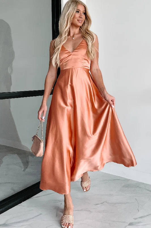 Shop Before It’s Gone!Luxurious Poise Satin Midi Dress (Light Rust)