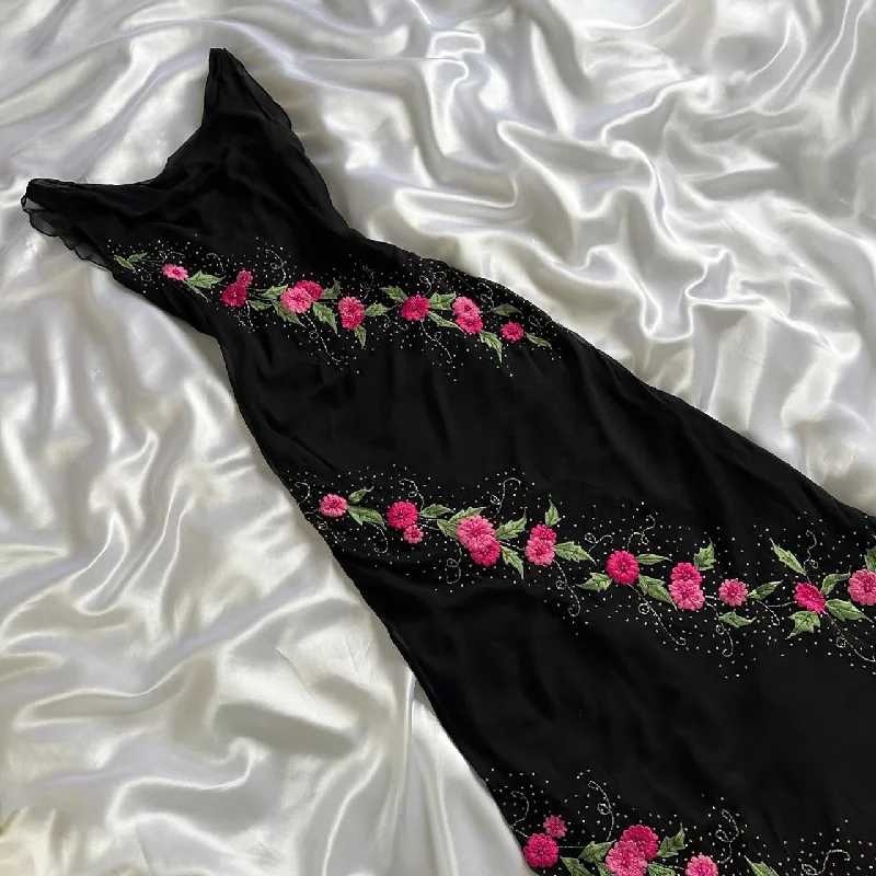 Price Drop Alert!Midnight Romance Pink Floral Embroidered Black Silk Maxi Dress (S/M)