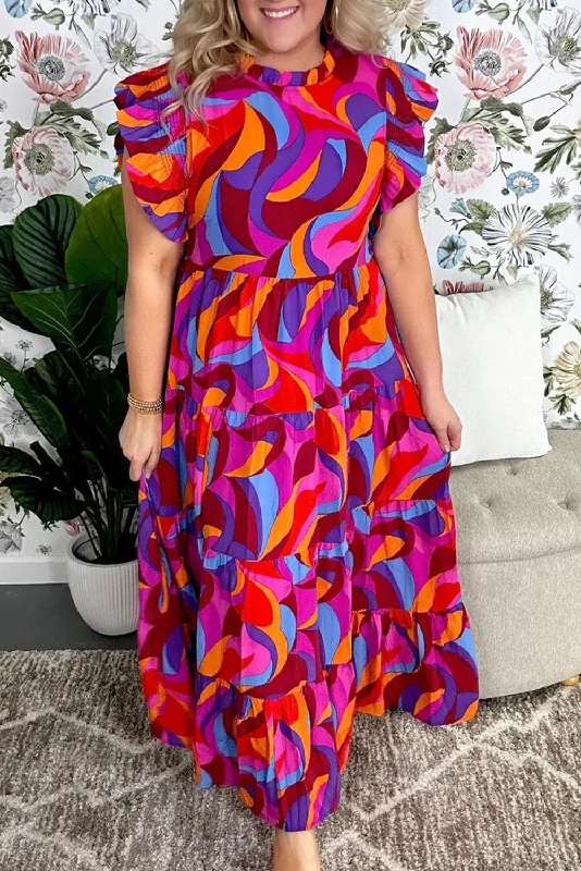 Snag the Best Prices Now!Multicolour Plus Abstract Print Ruffled Mock Neck Tiered Maxi Dress