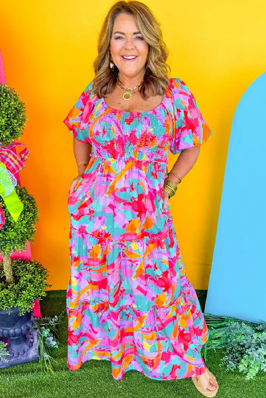 Limited Deals, Unlimited Savings!Multicolour Plus Size Floral Smocked Puff Sleeve Maxi Dress