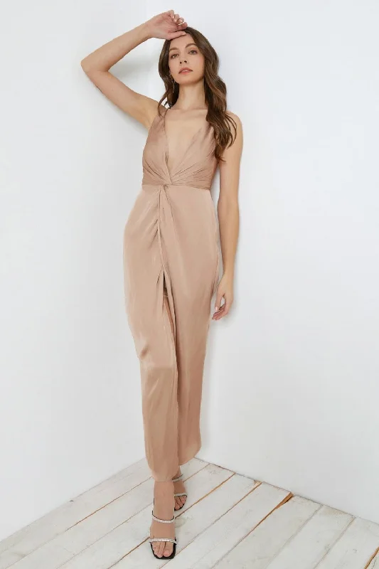 Best Deals Just for You!Hot Girl Mustard Seed Twisted Front Satin Slip Backless Maxi Dress