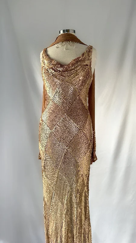 Save More When You Shop More!Old Hollywood Vintage Gold Sequin Embellished Cowl Neck Gown Set